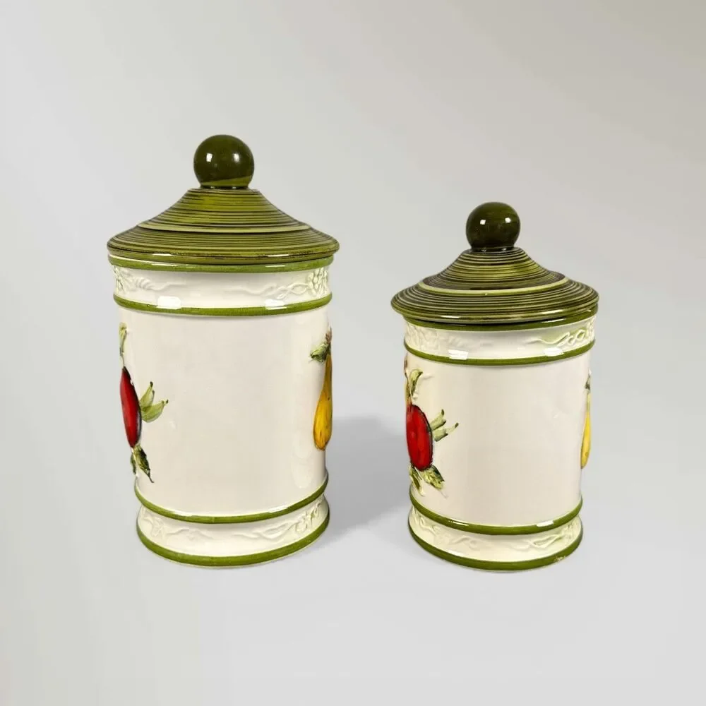 Vintage 3D Raised Fruit Porcelain Ceramic (2) Canister Set Japan Lemon Apple